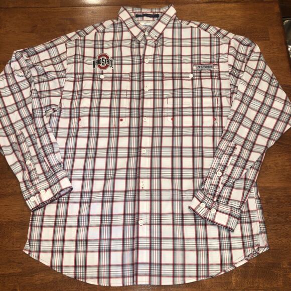 Ohio State Shirt Mens Medium Red Plaid Button Down Collar Super Tamiami Columbia - Picture 1 of 13
